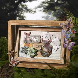 3D vintage wooden frame with floral deer paper carving and lace in forest setting