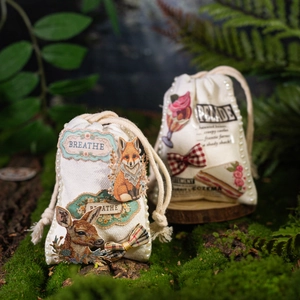 Vintage canvas drawstring bags with forest embroidery patches and pearl lace trim