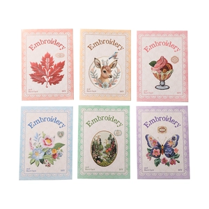 Set of 6 DIY embroidery style hard card stickers with nature and floral motifs