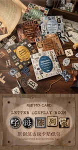 Detailed view of vintage alphabet sticker packs with cardstock textures and retro props