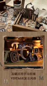 Detailed view of vintage alphabet stickers with wood texture for scrapbooking