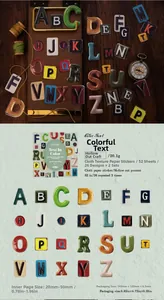 Close-up of vintage alphabet stickers in textured linen paper with 26 unique retro designs