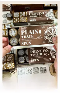 Detailed close-up of 8 vintage wooden rubber stamps with intricate floral mandala patterns
