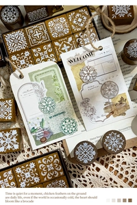 Macro shot of vintage mandala wooden stamps with floral patterns and decorative paper cards