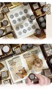 Detailed view of vintage mandala wooden stamps for DIY scrapbooking decoration