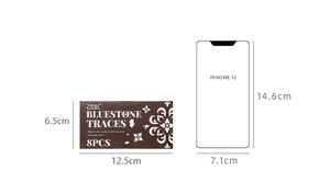 Size comparison of retro stamp stickers packaging next to an iPhone 12 model