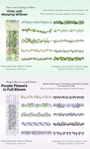 Detail of floral vine stickers in green and purple colors on white kraft paper material