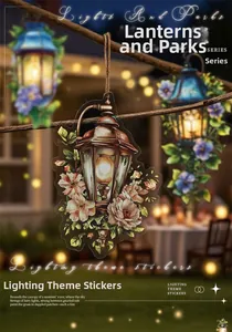 Close-up of vintage lantern stickers with floral patterns for scrapbooking and DIY decor