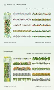 Detail view of 20 floral strip stickers with bird, fence, and plant motifs for journaling