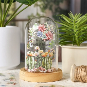 Nature theme glass cloche with succulent prints and wood base for desk decoration