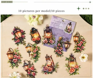 Macro shot of vintage lantern and floral stickers with retro European aesthetic