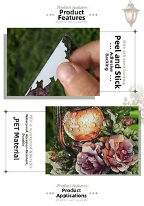 Close-up of waterproof PET decorative stickers showing peel-off and water-resistant effect