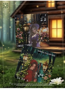 Detail of vintage dark fairy tale stickers with female characters and glowing lanterns