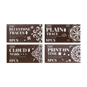Retro decorative stamp sets in four vintage themes with white patterns on brown boxes