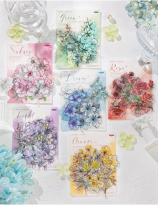 Macro detail of PET floral stickers featuring 3D gold embossing and matte finish