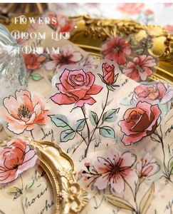 Close-up of translucent PET floral stickers with vintage watercolor rose designs