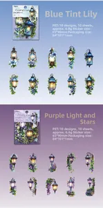 Detailed PET transparent floral stickers in Blue Lily and Purple Star patterns