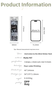 Detailed size comparison guide for matte PET stickers using an iPhone 14 for reference