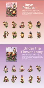 Detail view of retro floral lamp PET stickers in Rose and Flower series for scrapbooking