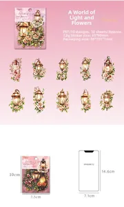 Detail showing dimensions and 10 floral PET sticker designs in the Dreamy Flower collection