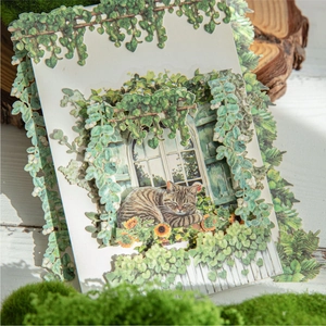 Adesivo 3D multistrato in carta con gatto alla finestra e fiori di girasole