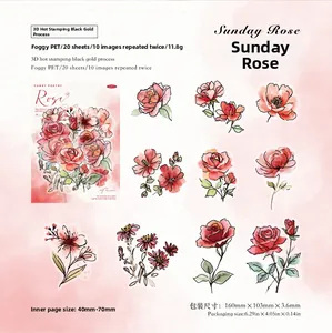 Detail of Sunday Rose PET stickers with matte texture and 3D black gold foil stamping