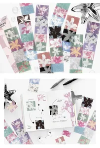 Detail of semi-transparent floral PET stickers with lily designs for scrapbooking