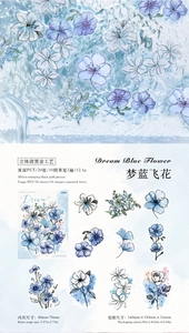 Detailed view of blue floral PET stickers with 3D black gold stamping for DIY crafts