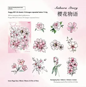 Detail of floral PET stickers featuring 3D black gold stamping and cherry blossom designs