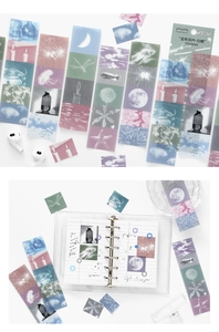 Macro detail of muted Morandi tone PET stickers on a minimalist transparent journal