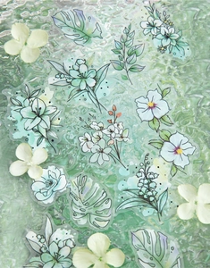 Detail of floral PET stickers with watercolor monstera and lily of the valley designs