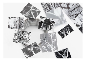 Detailed view of monochrome PET stickers with nature motifs like leaves and branches