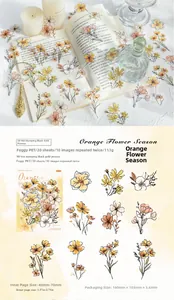 Macro detail of PET watercolor floral stickers with gold stamping for journaling