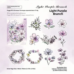 Detailed macro view of matte PET floral stickers with 3D gold stamping on purple paper