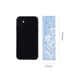 Blue Forest Prelude bookmark box shown with dimensions 155mm by 45mm next to a phone