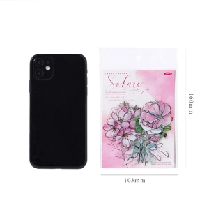 Detailed 160mm by 103mm packaging for Sakura Story matte PET floral stickers with gold foil