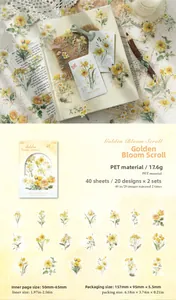 Detail of PET floral stickers showing vintage watercolor flowers and product dimensions