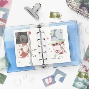 Blue transparent 6-ring PVC binder with vintage apple pattern and artistic stationery design
