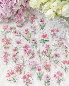 Detailweergave van PET-stickers met vintage tulp- en roospatronen voor journaling