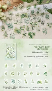 Detailed view of 40-piece PET botanical stickers with lush green leaves and white flowers