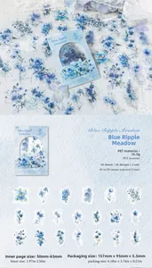 Detail of waterproof blue flower PET stickers for journaling with size specifications