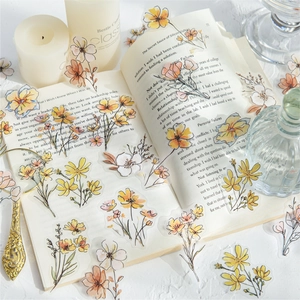 Floral PET clear stickers with yellow watercolor flowers for DIY journal decoration
