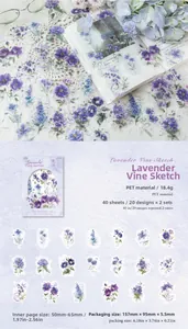 Detailed PET stickers featuring lavender vine sketches and watercolor floral designs