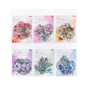 Watercolor floral PET stickers set in six colors for scrapbooking, 20 pieces per pack