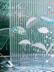 Detail of PET stickers featuring laser-edged umbrellas on fluted glass background