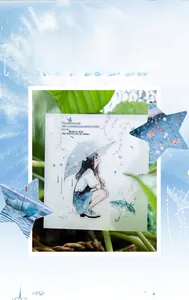 Macro detail of PET sticker with 3D laser silver effect featuring rain theme illustrations