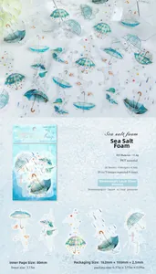 Detail of PET stickers with 3D laser silver finish and umbrella motifs for journaling
