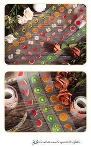 Detailed view of assorted PET fruit-themed decorative tapes with matte sand finish textures