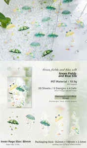 Detail of PET stickers with laser silver finish featuring rainy season umbrella illustrations