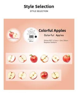 Macro detail of Apple Blossom shimmering PET tape with hand-drawn fruit patterns